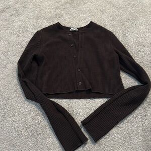 Adanola Brown Waffle Knit Cropped Button-Up Top